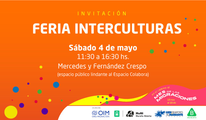 Este sábado 4 de mayo entre las 11.30 y las 16.30 horas tendrá lugar la 3ª edición de la Feria Interculturas: habrá  gastronomía, música, juegos y talleres. 