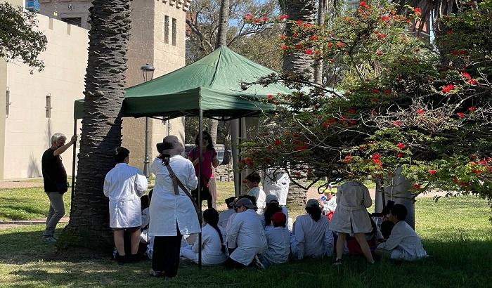 Grupo de escolares con túnicas blancas y maestros y maestras sentados en el césped al aire libre bajo un gacebo. Al fondo, se ve el Castillito del Parque Rodó 